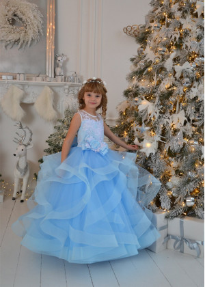 Beaded Sky Blue Lace Tulle Ruffled Flower Girl Dress